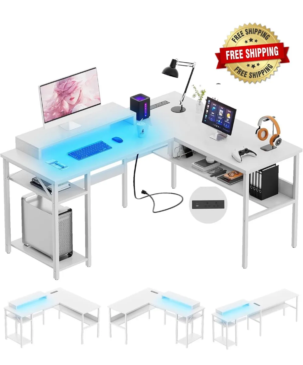 L Shaped Desk, Gaming Desk with LED Lights, Revers - Image 1