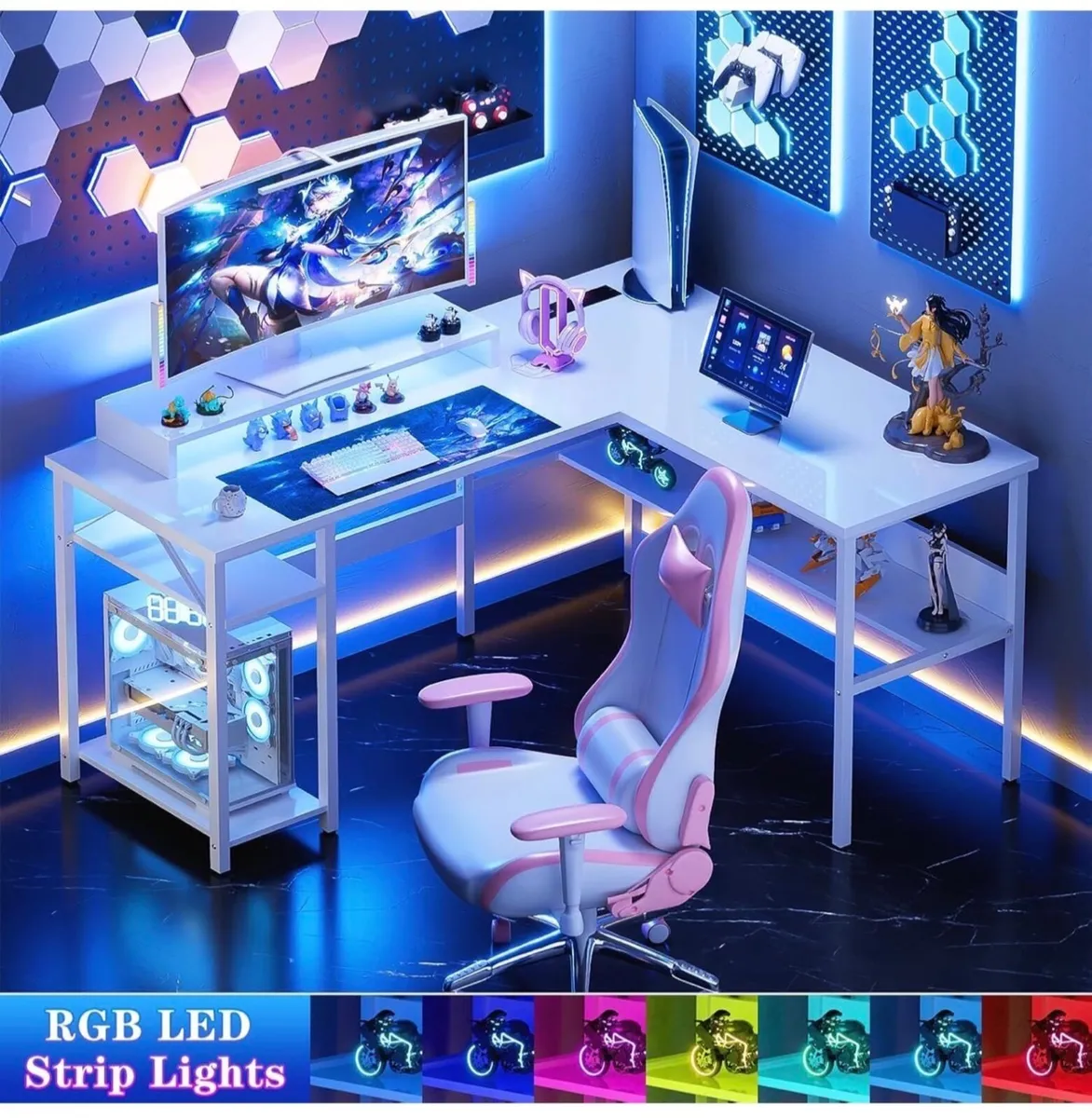 L Shaped Desk, Gaming Desk with LED Lights, Revers - Image 1
