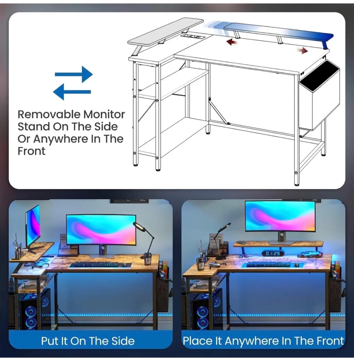 L Shaped Gaming Desk with LED Lights & Power Outle - Image 3