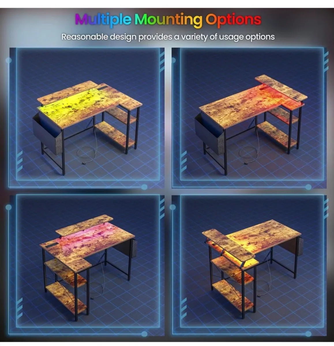 L Shaped Gaming Desk with LED Lights & Power Outle - Image 2