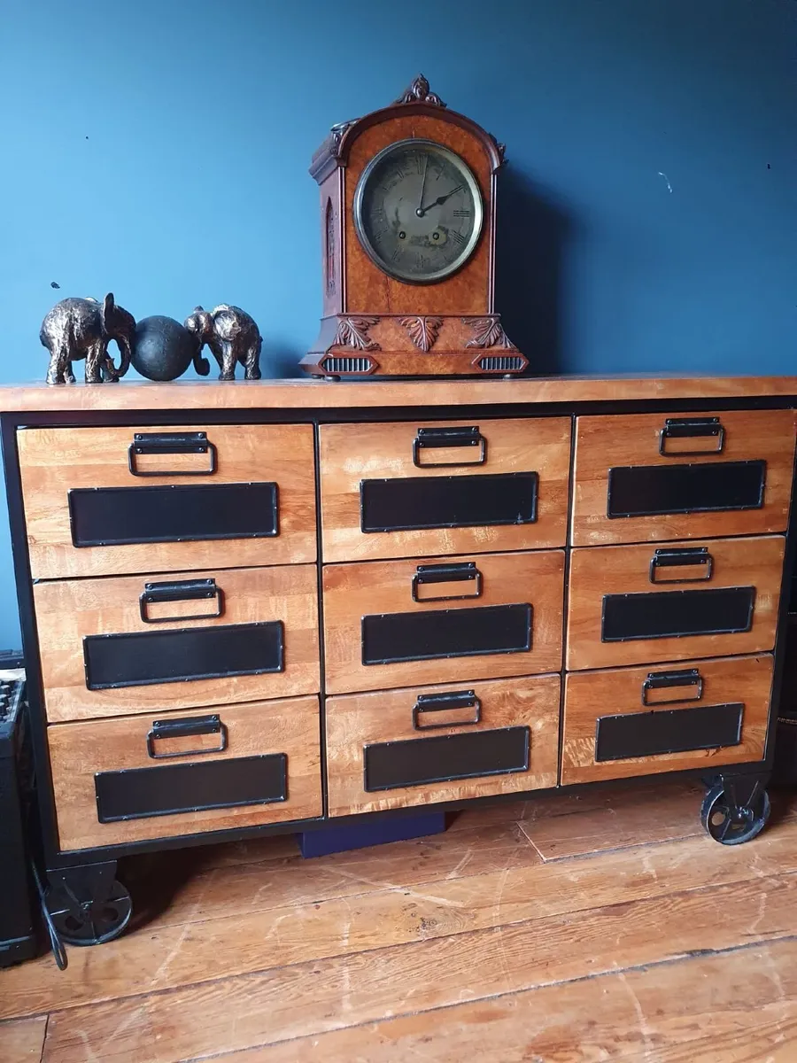9-Drawer Cabinet on Castors -- Solid Wood & Metal