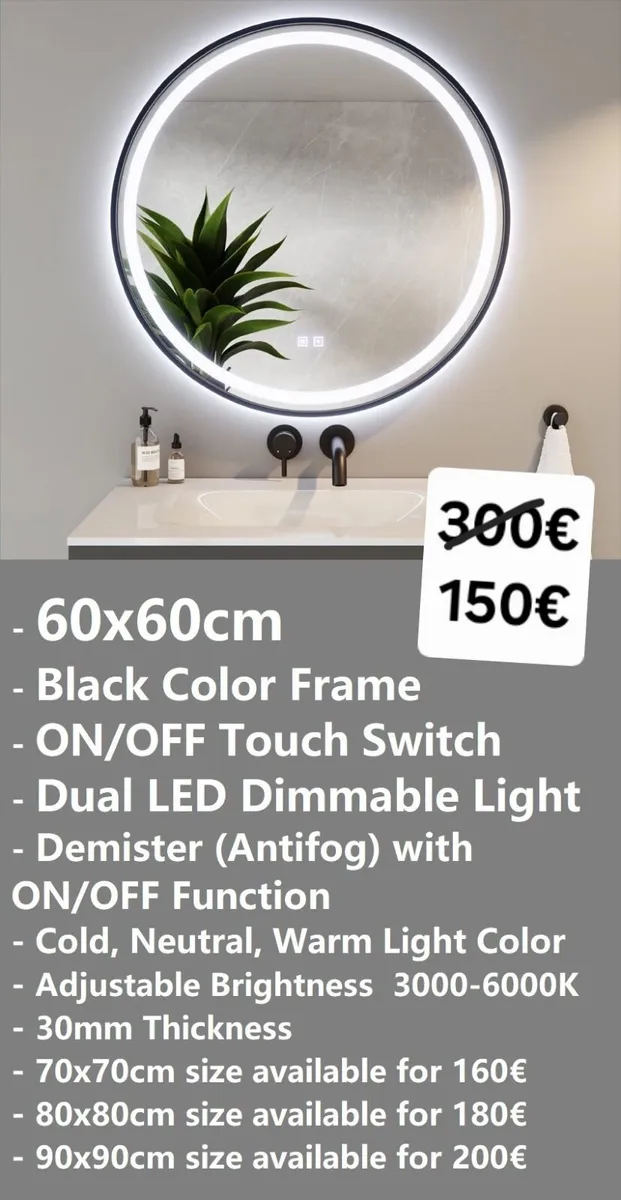 LED Bathroom Mirror 60cm Fog Free Black Frame - Image 2