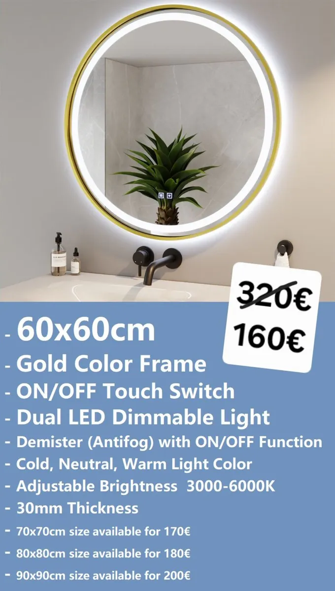 LED Bathroom Mirror Gold Demister Defogger - Image 1