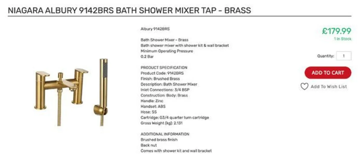 Bath Shower Mixer Tap | Brushed Brass | Niagara - Image 3