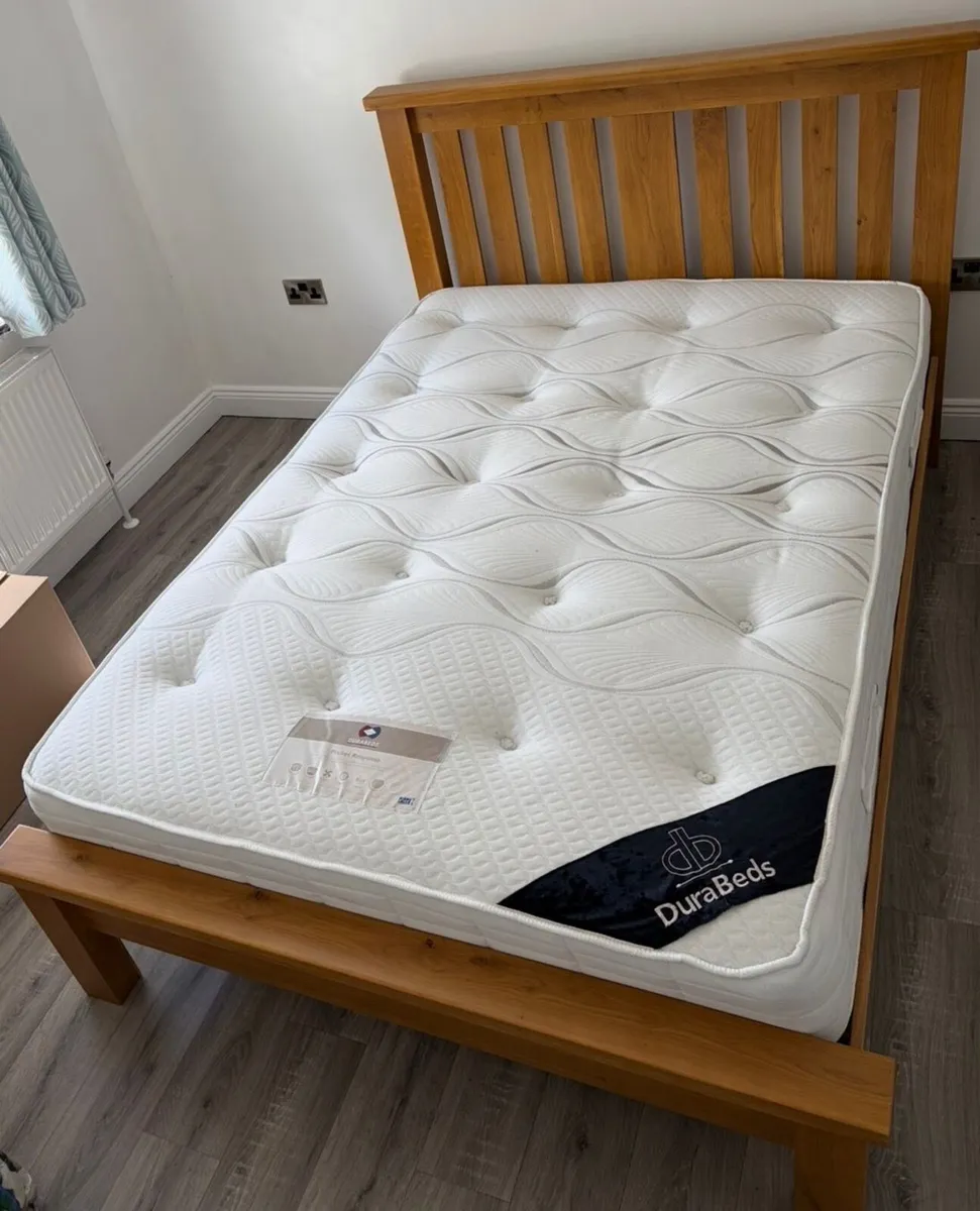 Solid Oak Double Bed And Mattress - Image 1