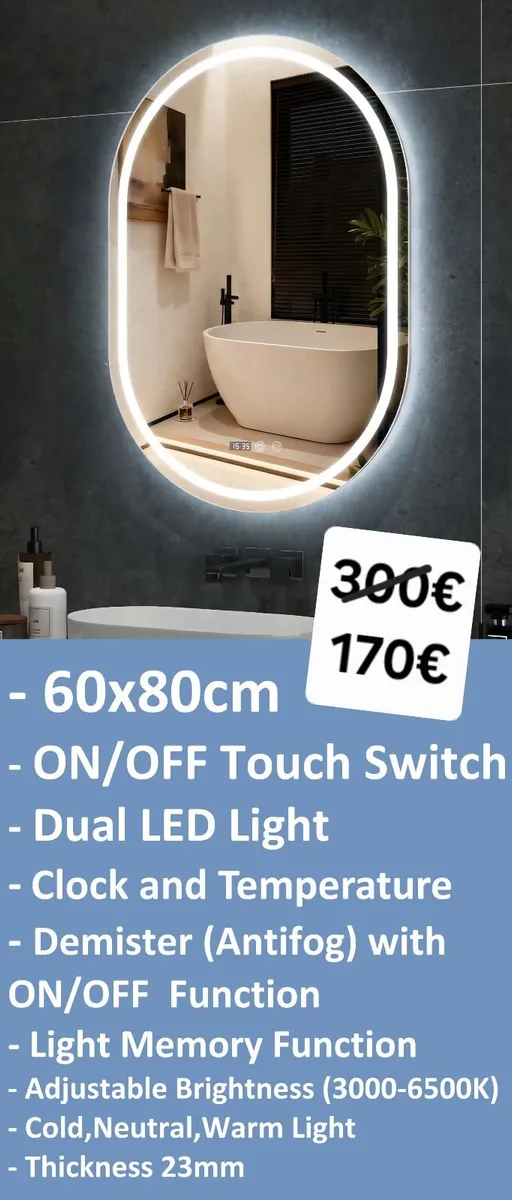 LED Bathroom Mirror 60x80cm Dual LED Antifog - Image 1