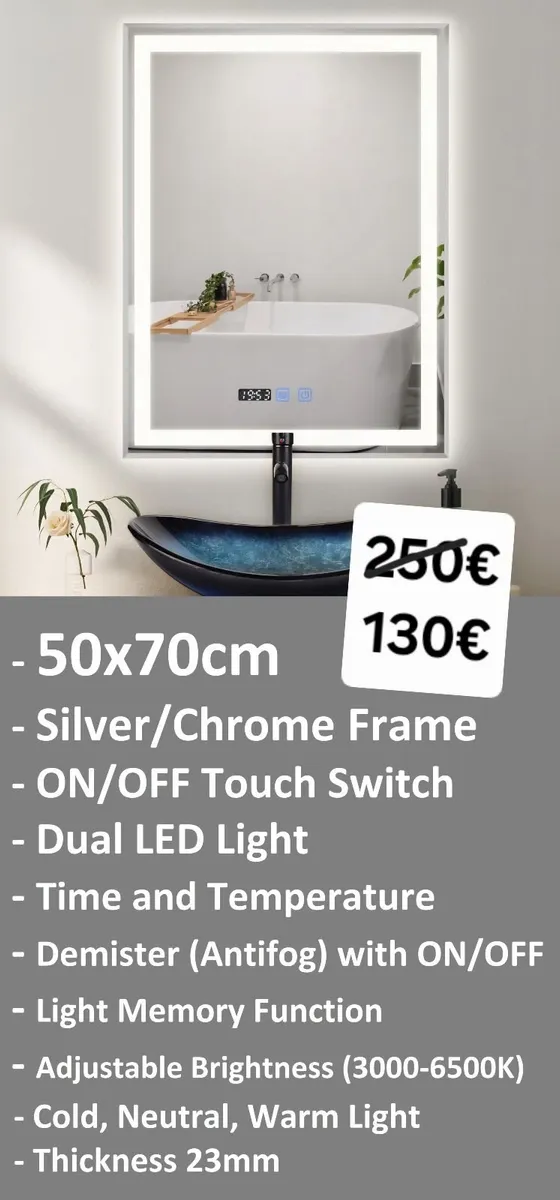 LED Bathroom Mirror 50x70cm Antifog Chrome Silver - Image 1