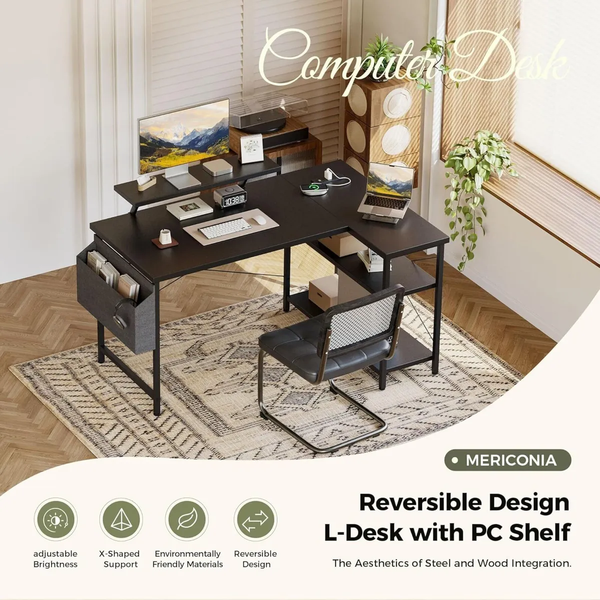 L-shaped desk 100x70cm gaming table with 2 - Image 3