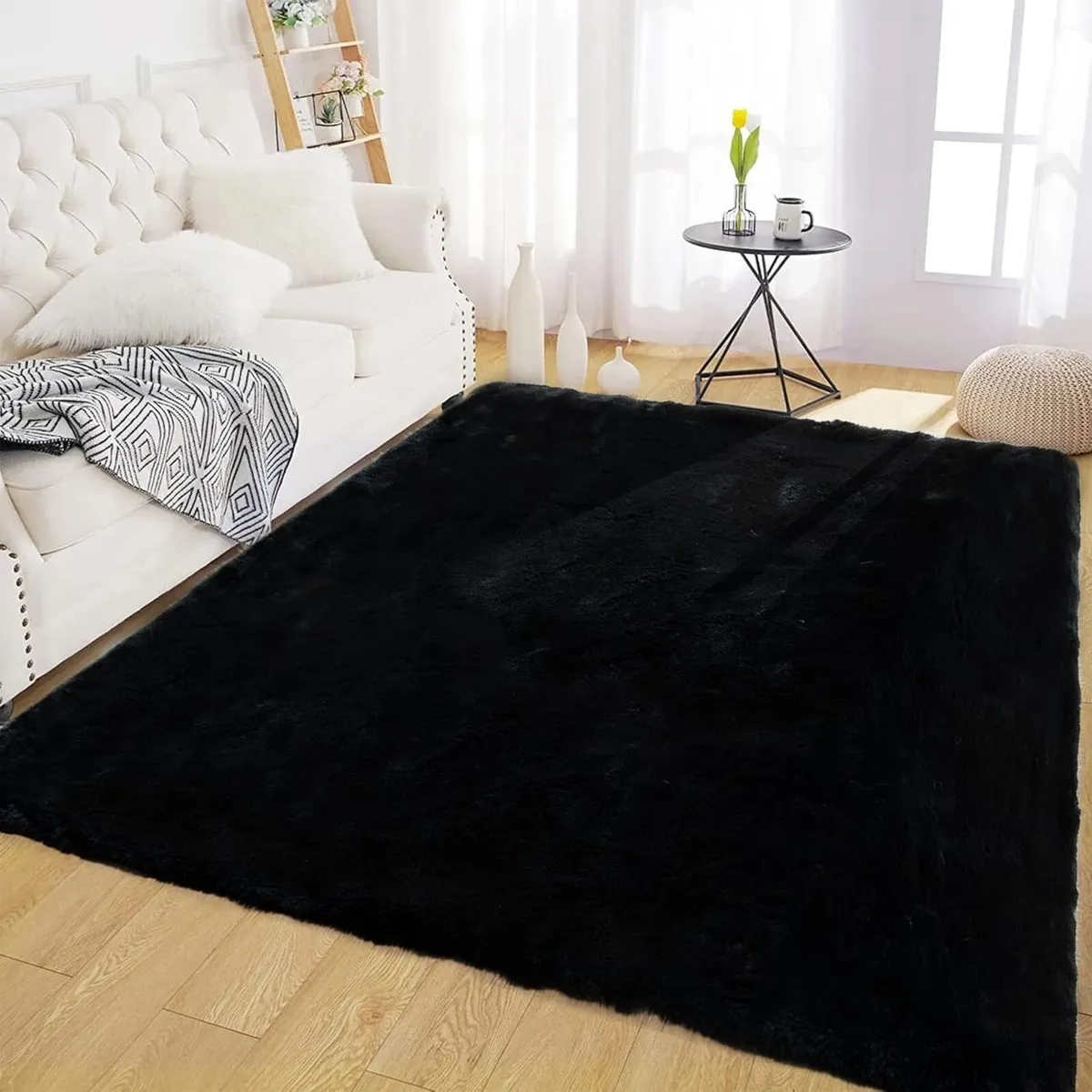 150 x 210cm Area Rugs Black Fluffy Rug Washable - Image 1