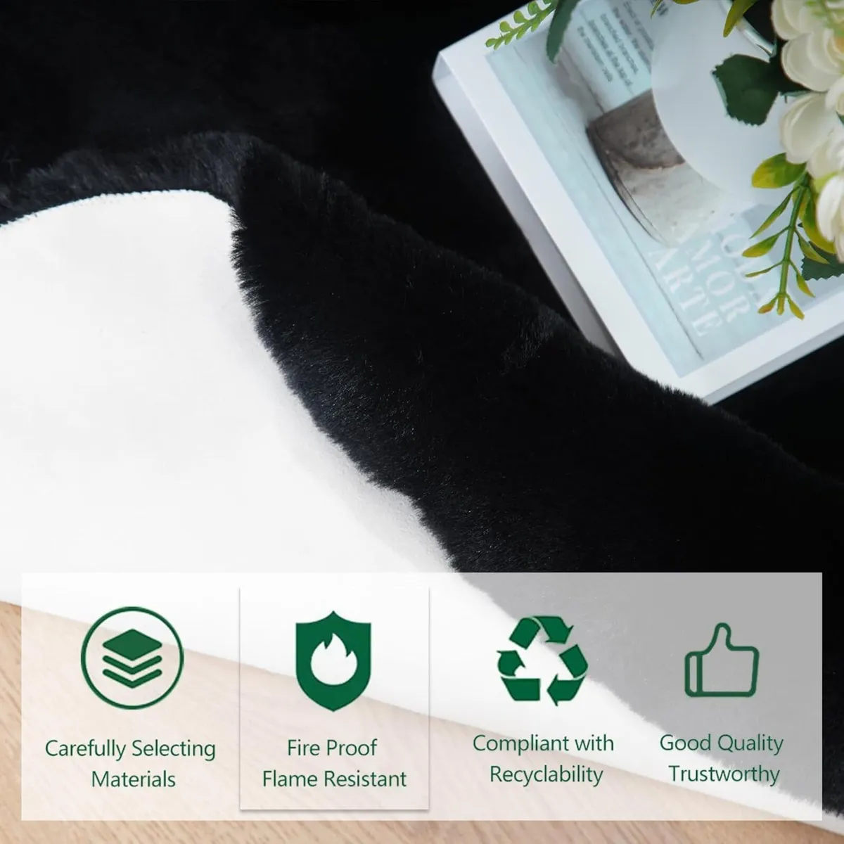 150 x 210cm Area Rugs Black Fluffy Rug Washable - Image 2