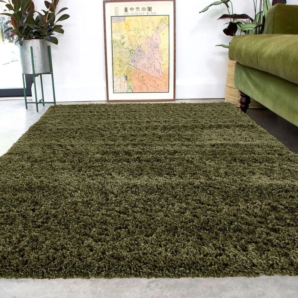 Super Soft Shaggy Olive Green Living Room Area - Image 1
