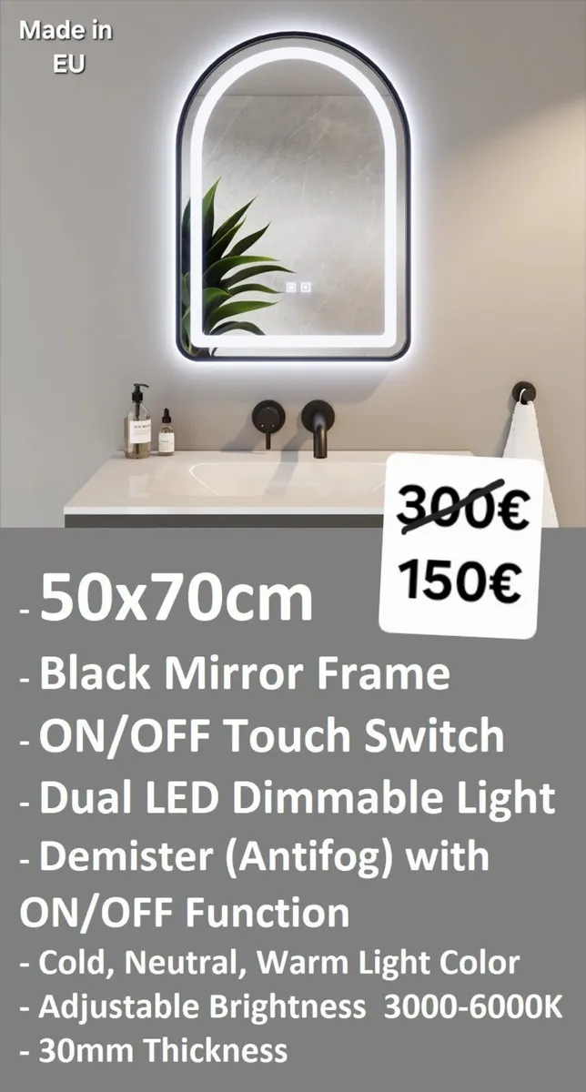 LED Bathroom Mirror Defogger 50x70cm Black - Image 1