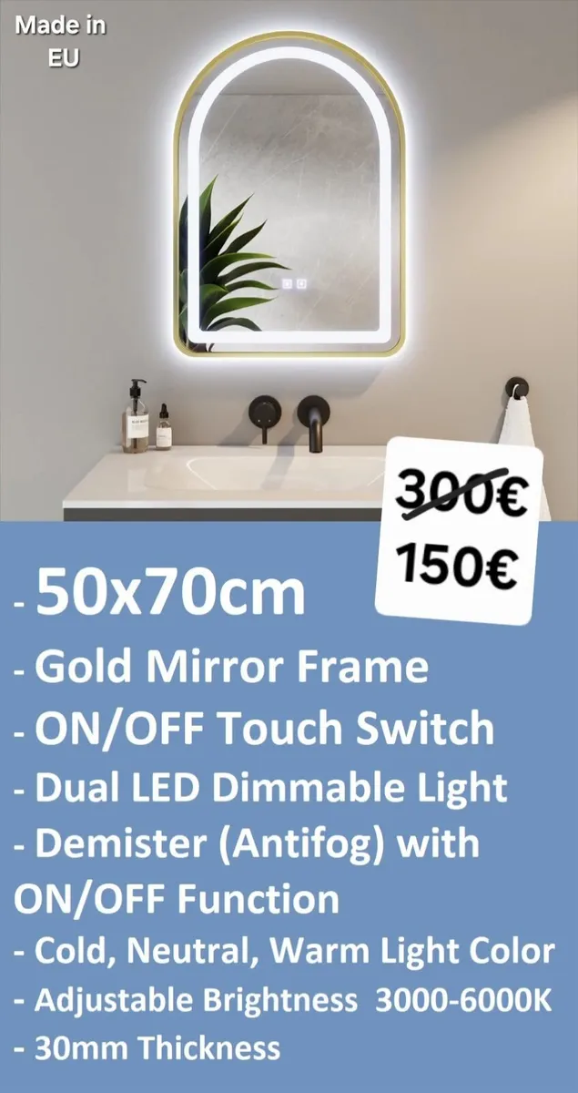 LED Bathroom Mirror 50x70cm Gold Ensuite Makeup - Image 2