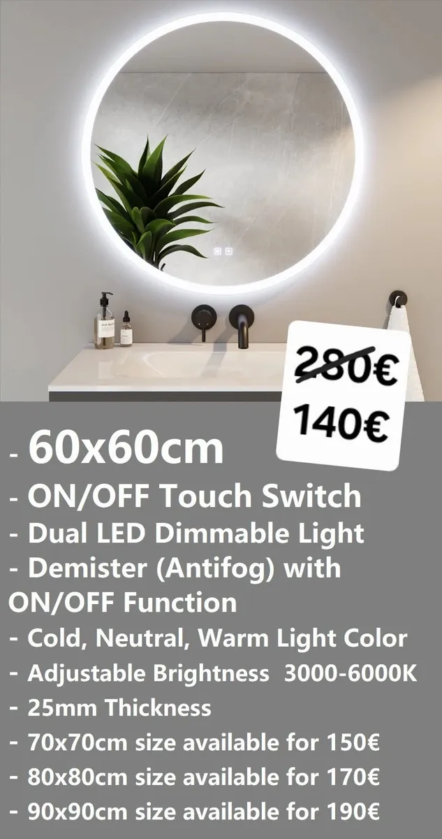 LED Bathroom Mirror Demister Touch Switch 60cm - Image 1
