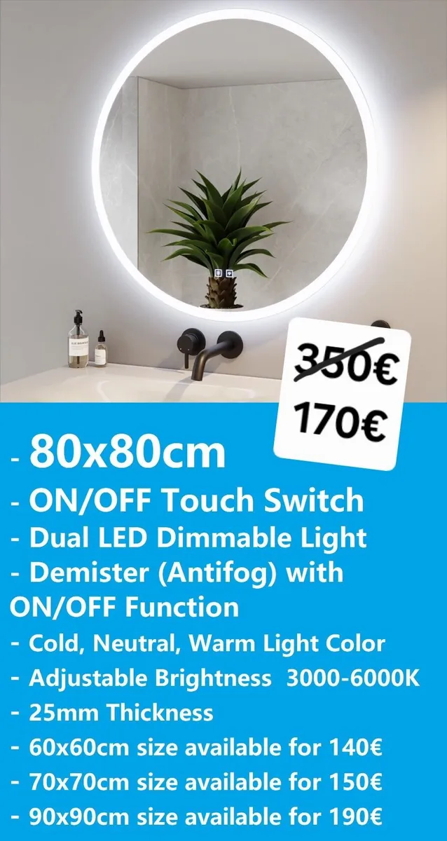 LED Bathroom Mirror 80x80cm Touch Switch - Image 1