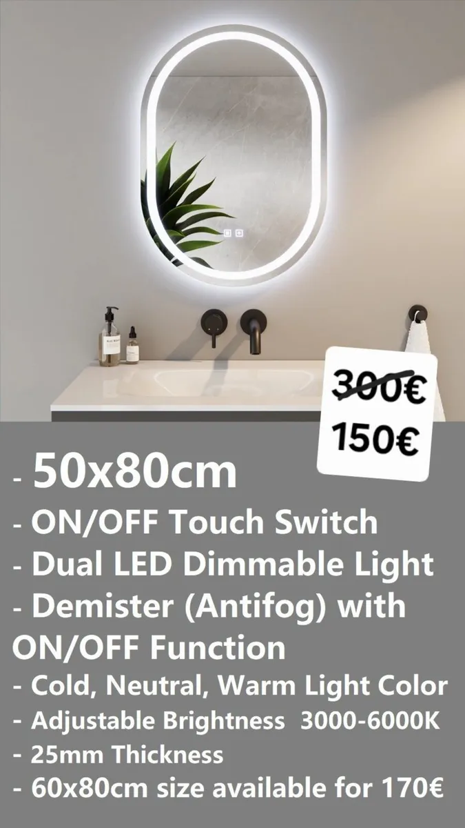 LED Bathroom Mirror Oval Egg Shape Fog Free - Image 2