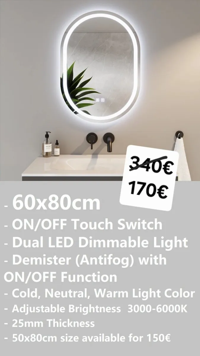 LED Bathroom Mirror Antifog Demister 60x80cm - Image 1