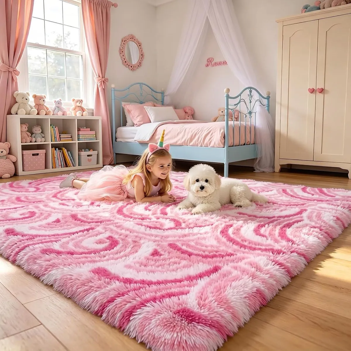 Large Rugs Living Room Pink Rainbow Design Fluffy - Image 1