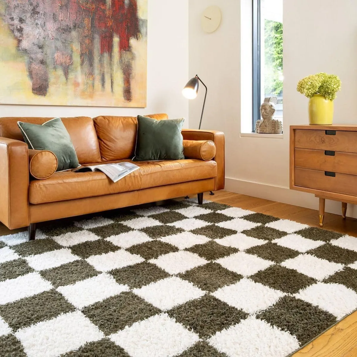 Green Retro Checker Rug Soft Plush Pile High - Image 1