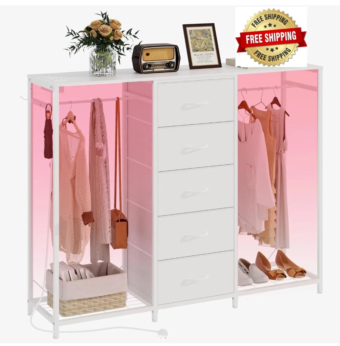 5 Drawer Dresser with Clothes Rack Chest of Drawer - Image 1