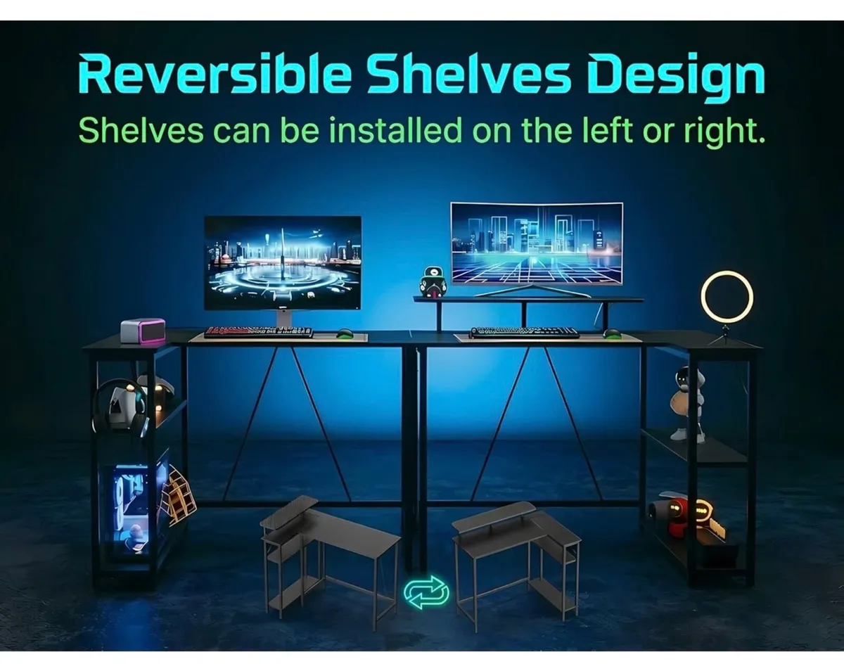 L Shaped Gaming Desk with RGB LED Lights & Power O - Image 3