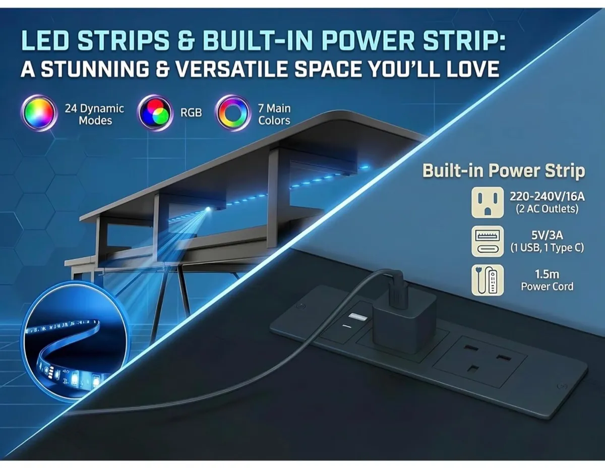 L Shaped Gaming Desk with RGB LED Lights & Power O - Image 4