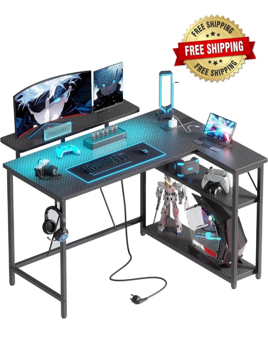 L Shaped Gaming Desk with RGB LED Lights & Power O - Image 1