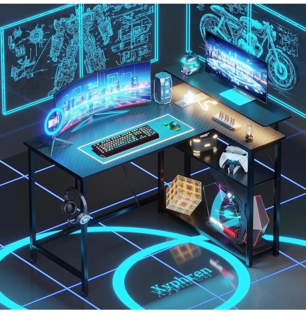 L Shaped Gaming Desk with RGB LED Lights & Power O - Image 1