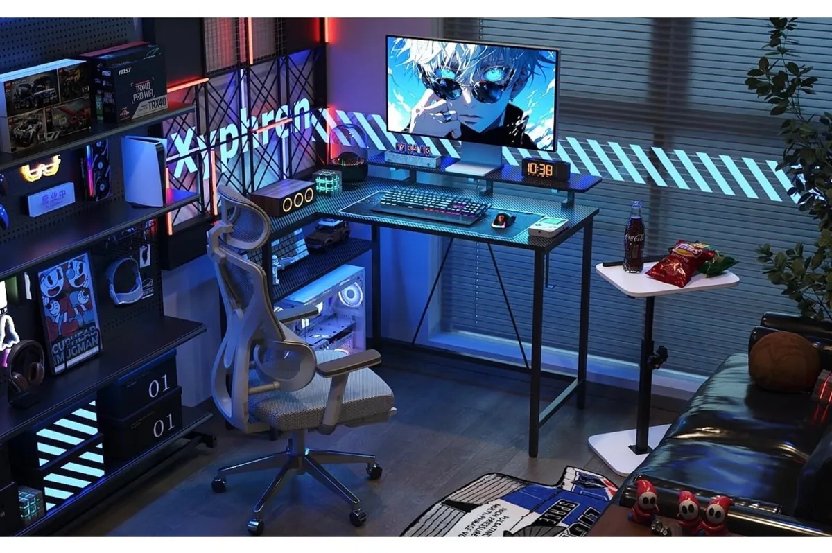 L Shaped Gaming Desk with RGB LED Lights & Power O - Image 2