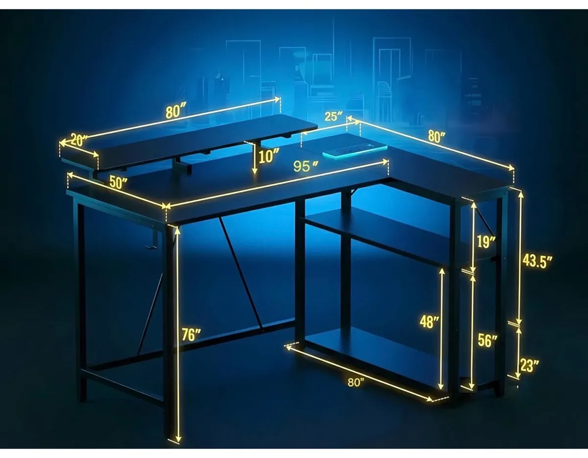 L Shaped Gaming Desk with RGB LED Lights & Power O - Image 3