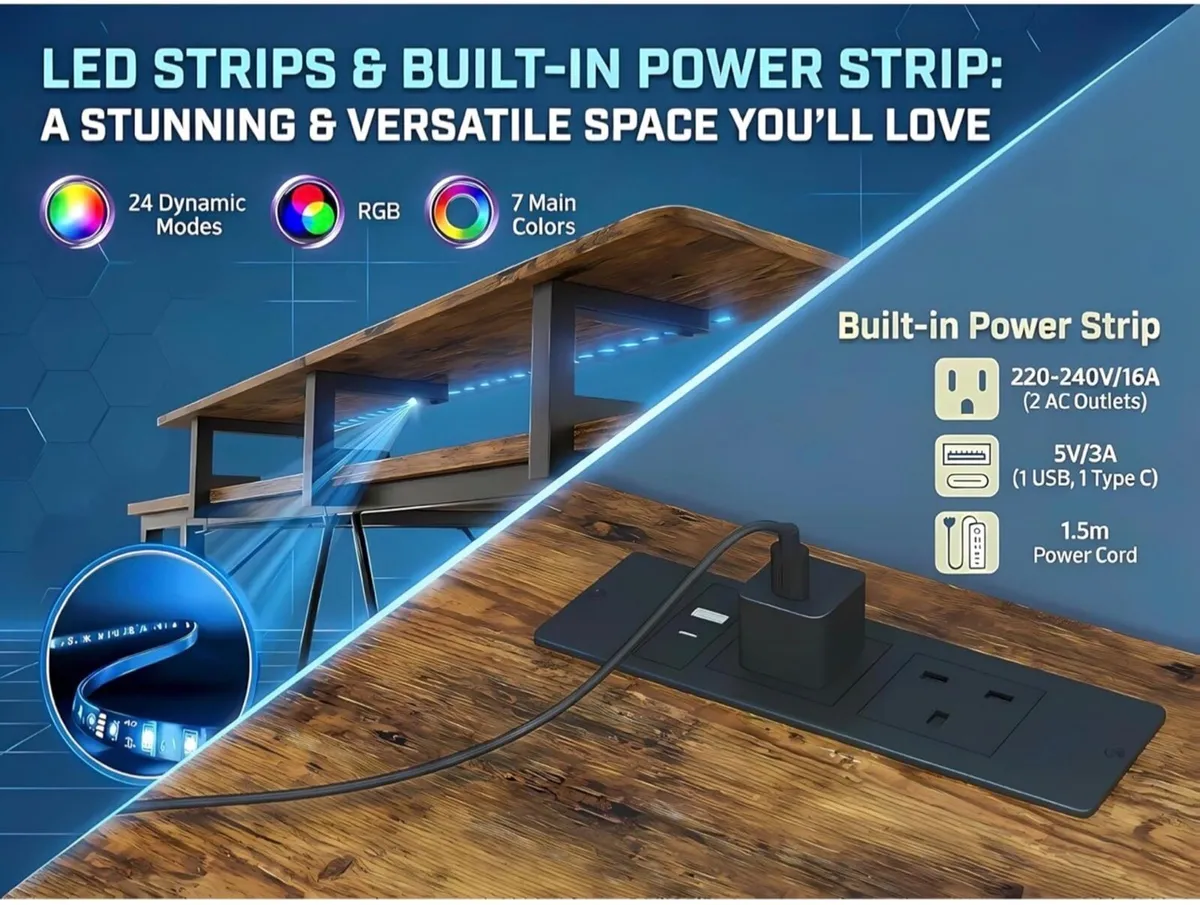 L Shaped Gaming Desk with RGB LED Lights & Power O - Image 3