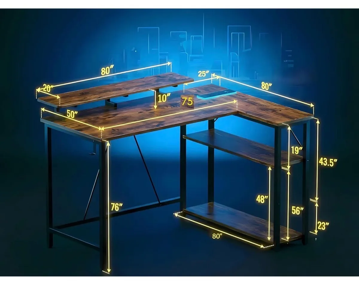 L Shaped Gaming Desk with RGB LED Lights & Power O - Image 2