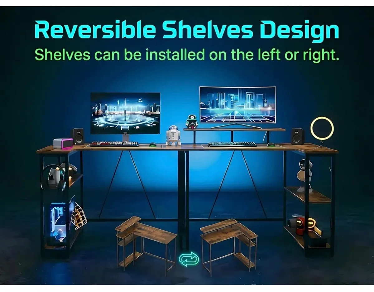 L Shaped Gaming Desk with RGB LED Lights & Power O - Image 4