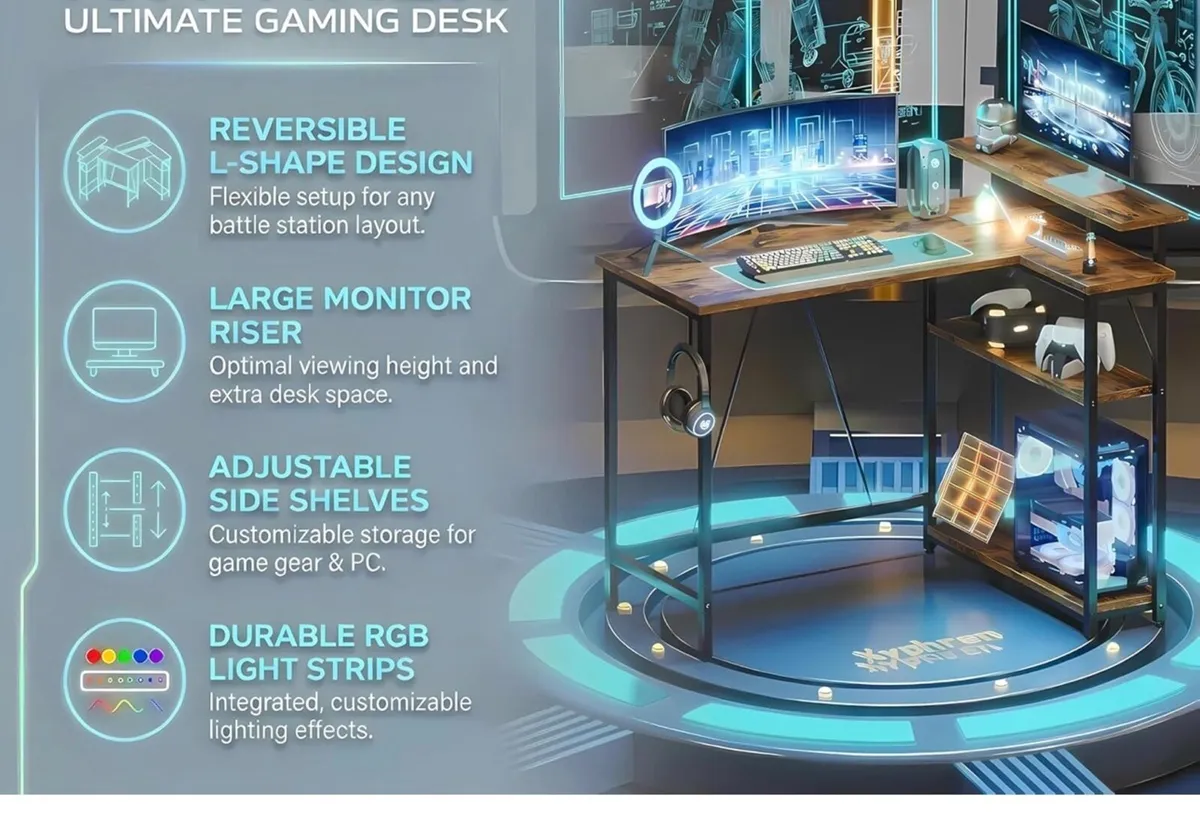 L Shaped Gaming Desk with RGB LED Lights & Power O - Image 3