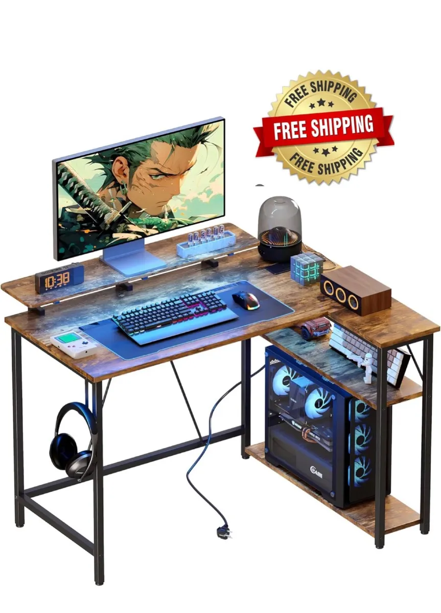 L Shaped Gaming Desk with RGB LED Lights & Power O - Image 1