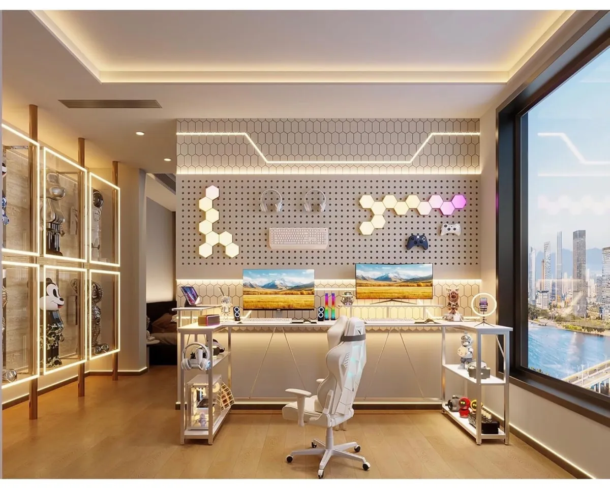 Desk with Pegboard & Power Outlet & LED Light, Sma - Image 2