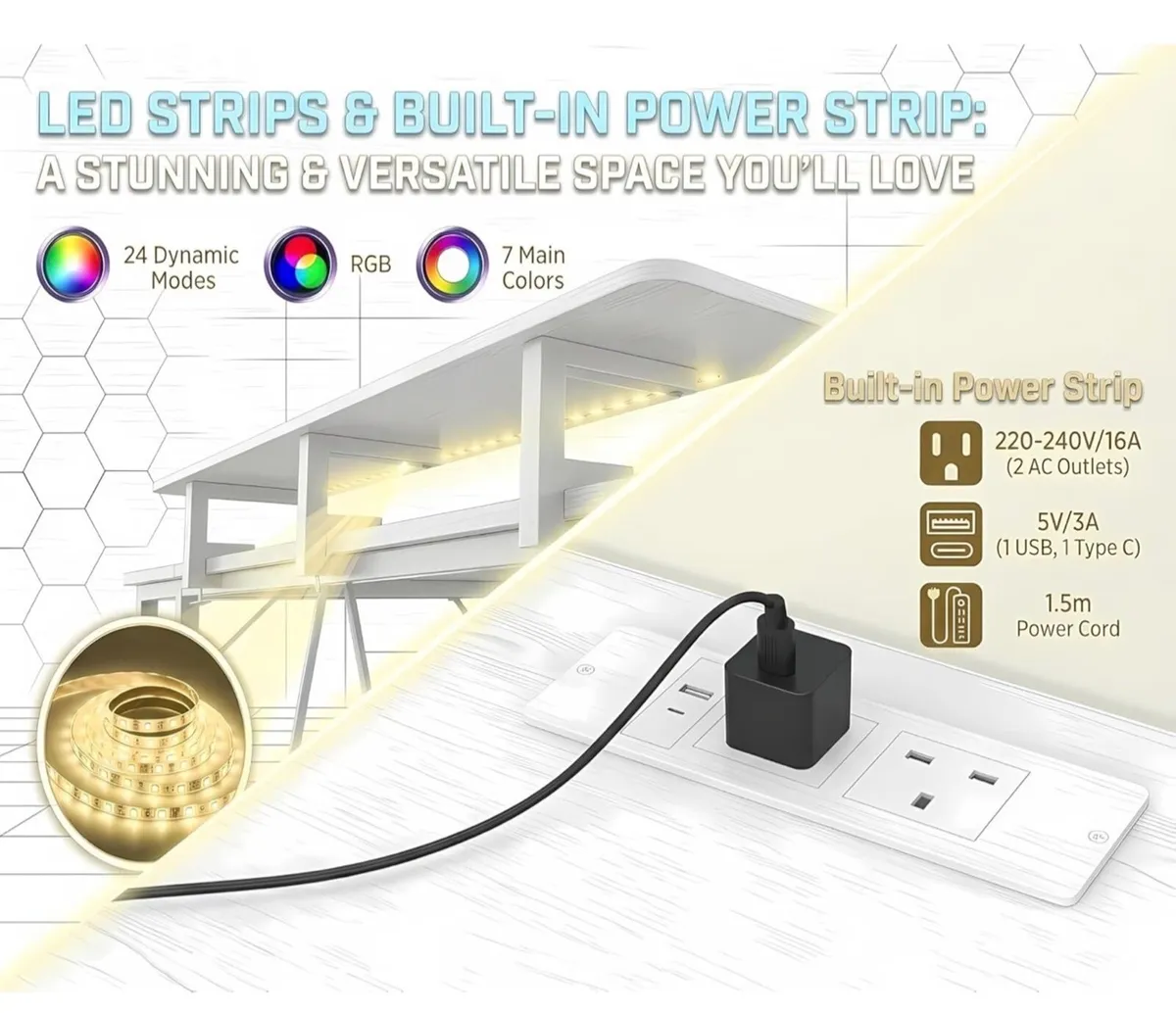 Desk with Pegboard & Power Outlet & LED Light, Sma - Image 2