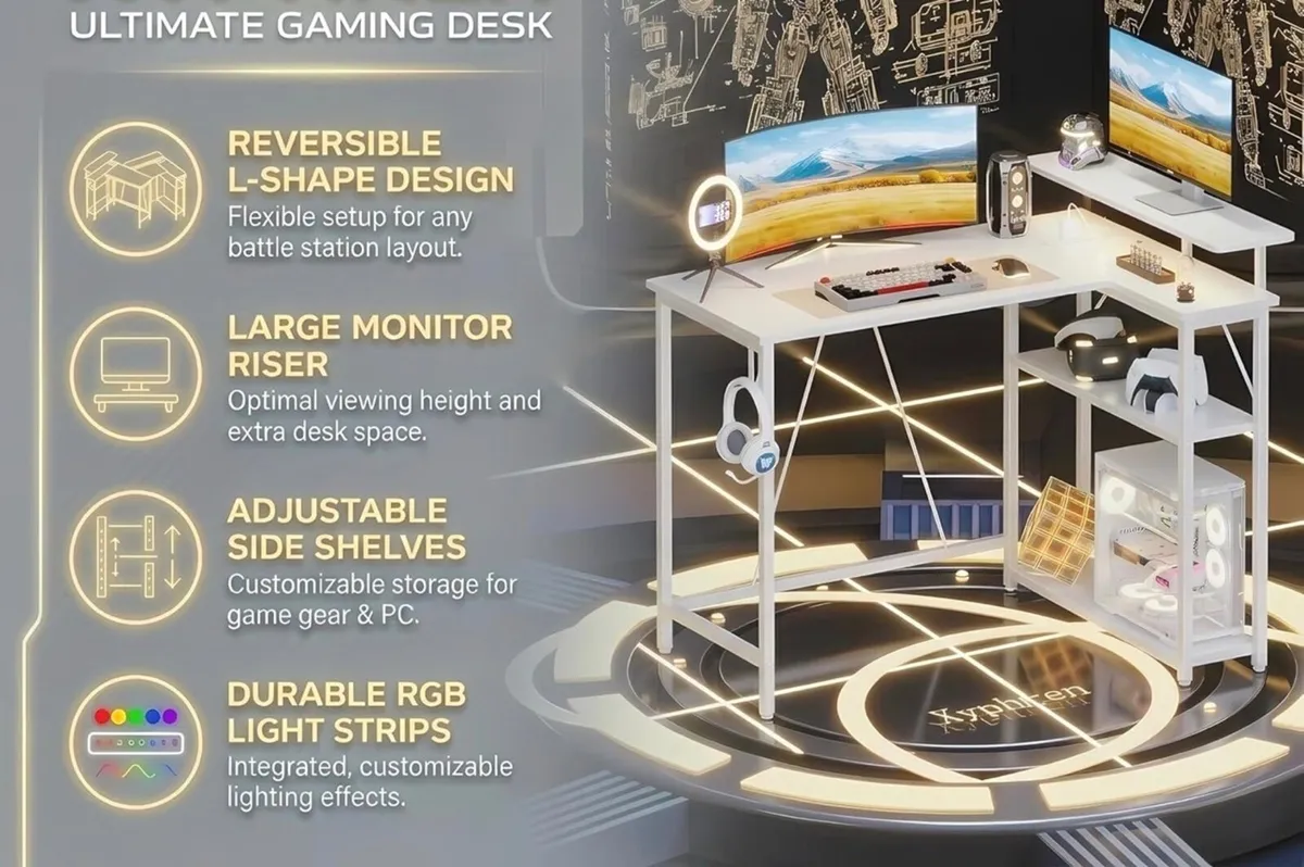 Desk with Pegboard & Power Outlet & LED Light, Sma - Image 3