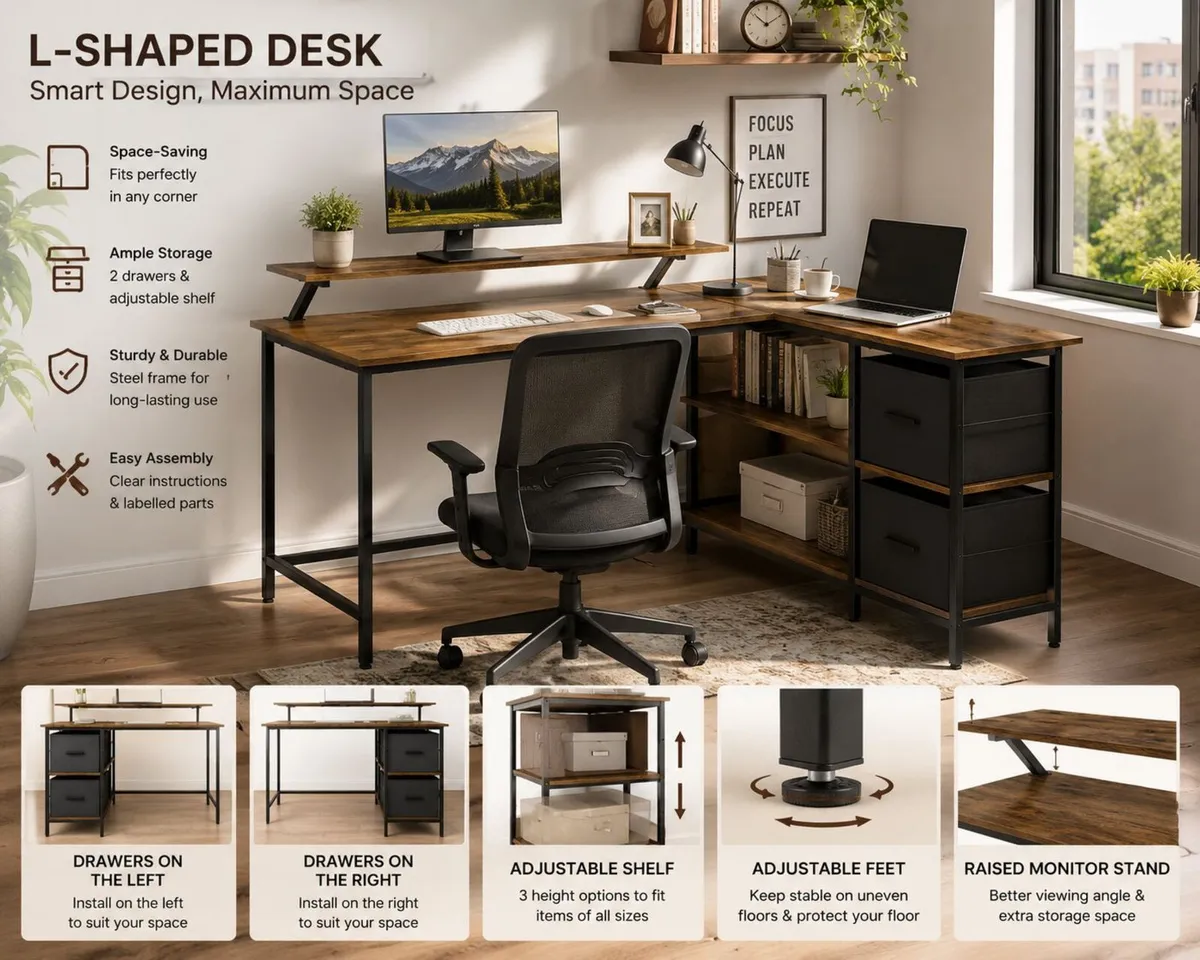 L-Shaped Corner Desk with Storage Drawers - Image 2