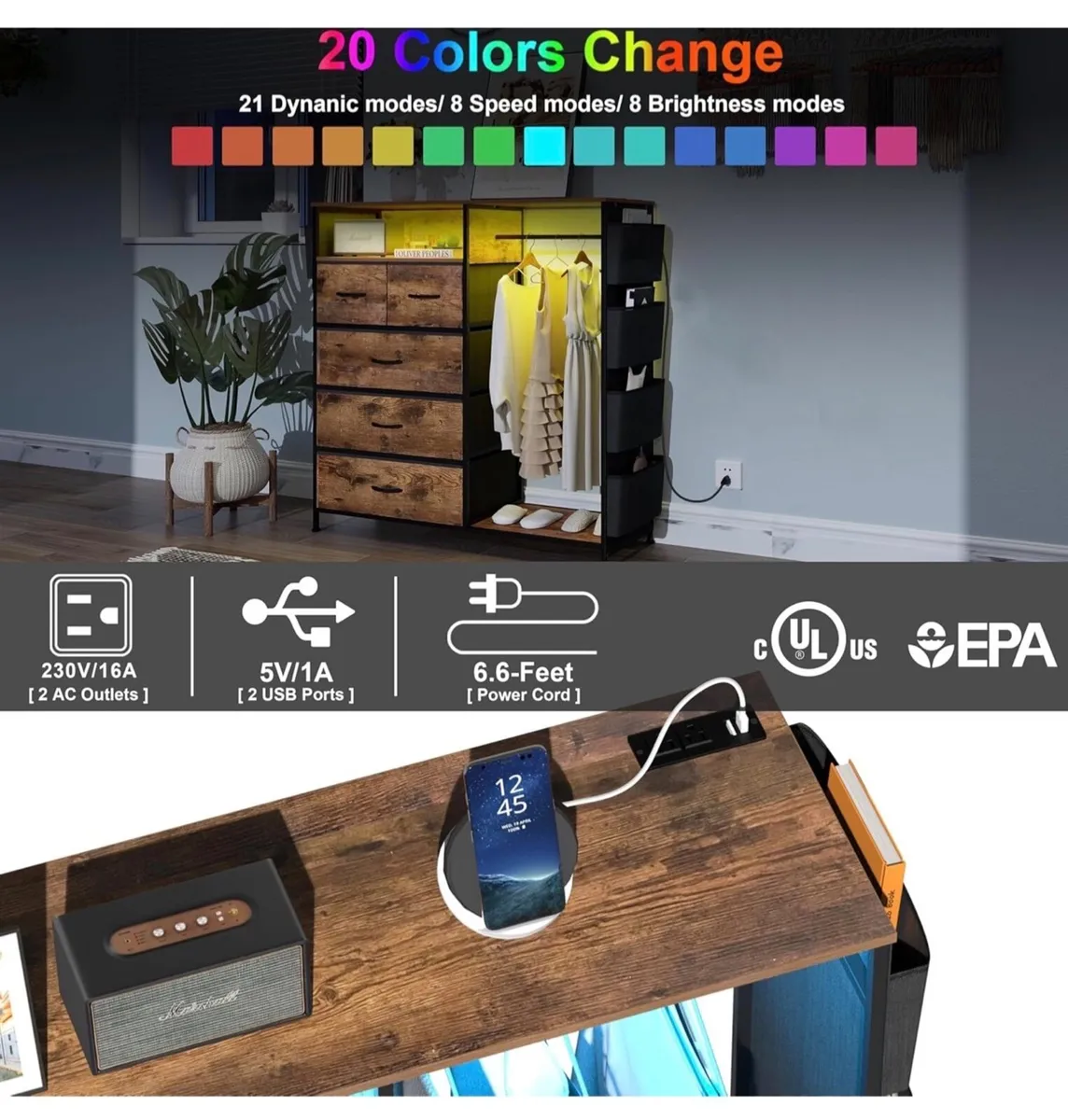 5 Drawer Dresser with Clothes Rail LED Lights Char - Image 2