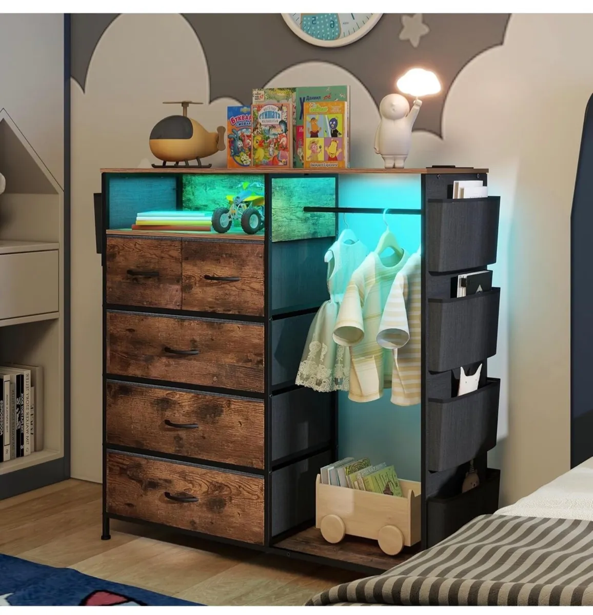 5 Drawer Dresser with Clothes Rail LED Lights Char - Image 1