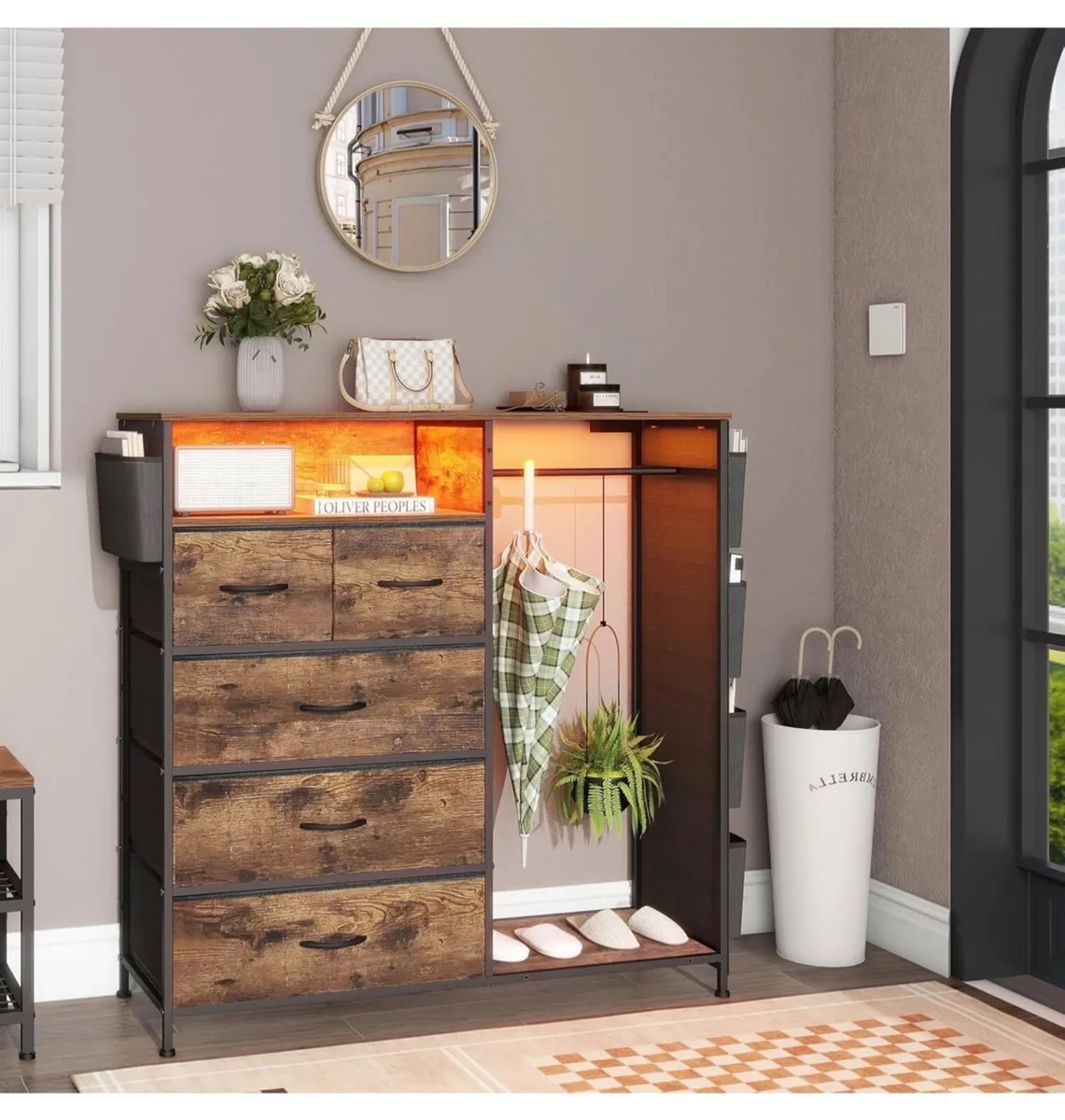 5 Drawer Dresser with Clothes Rail LED Lights Char - Image 2