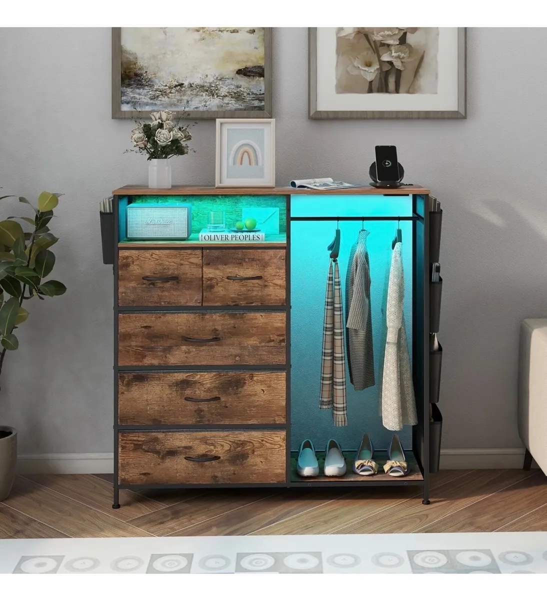 5 Drawer Dresser with Clothes Rail LED Lights Char - Image 3