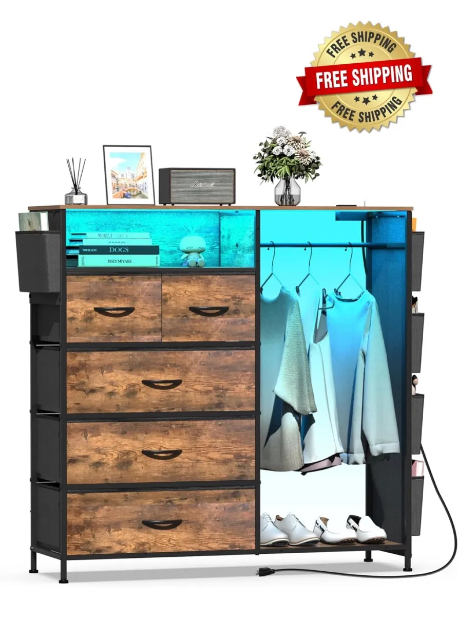 5 Drawer Dresser with Clothes Rail LED Lights Char - Image 1