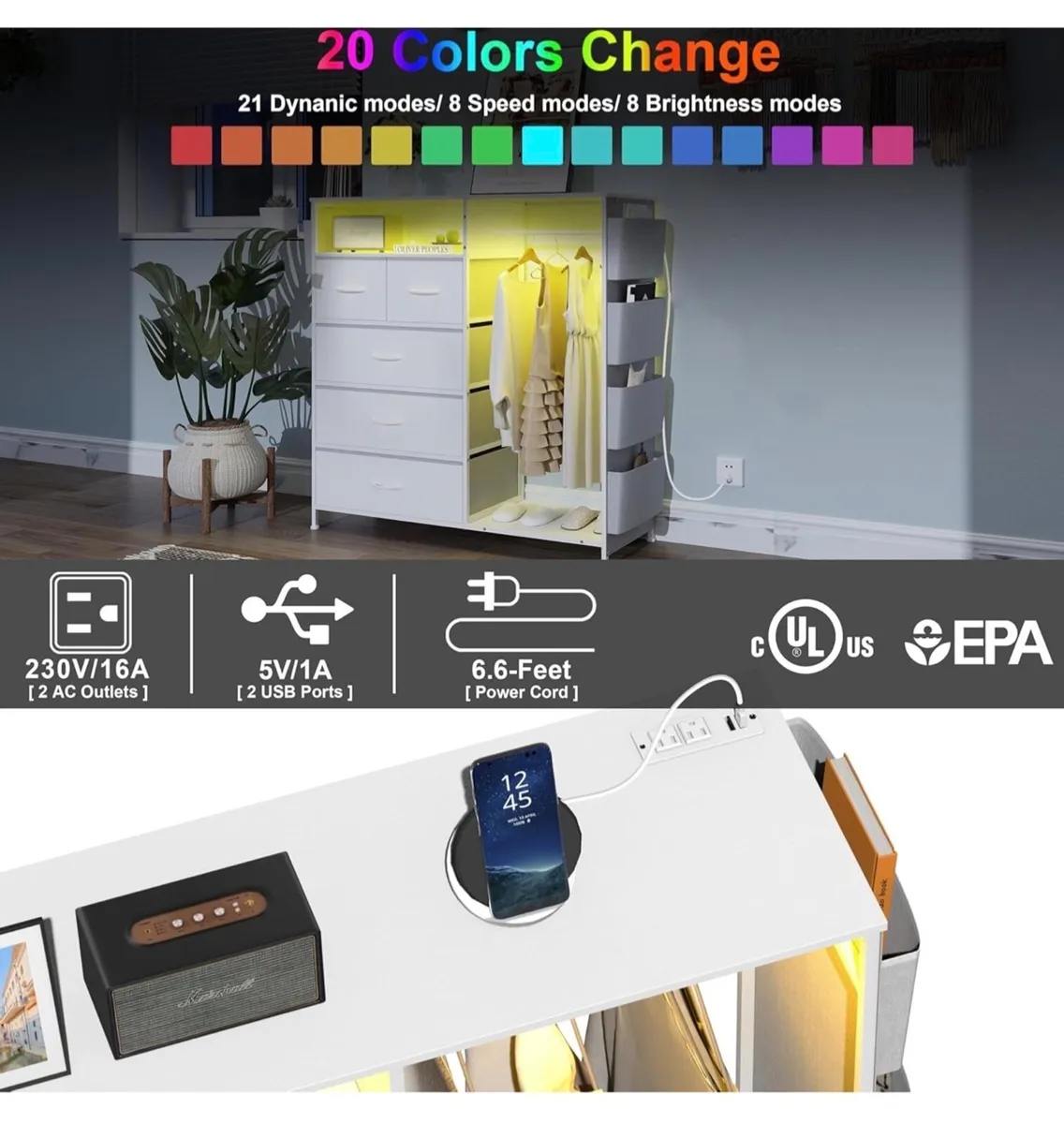 5 Drawer Dresser with Clothes Rail LED Lights Char - Image 2