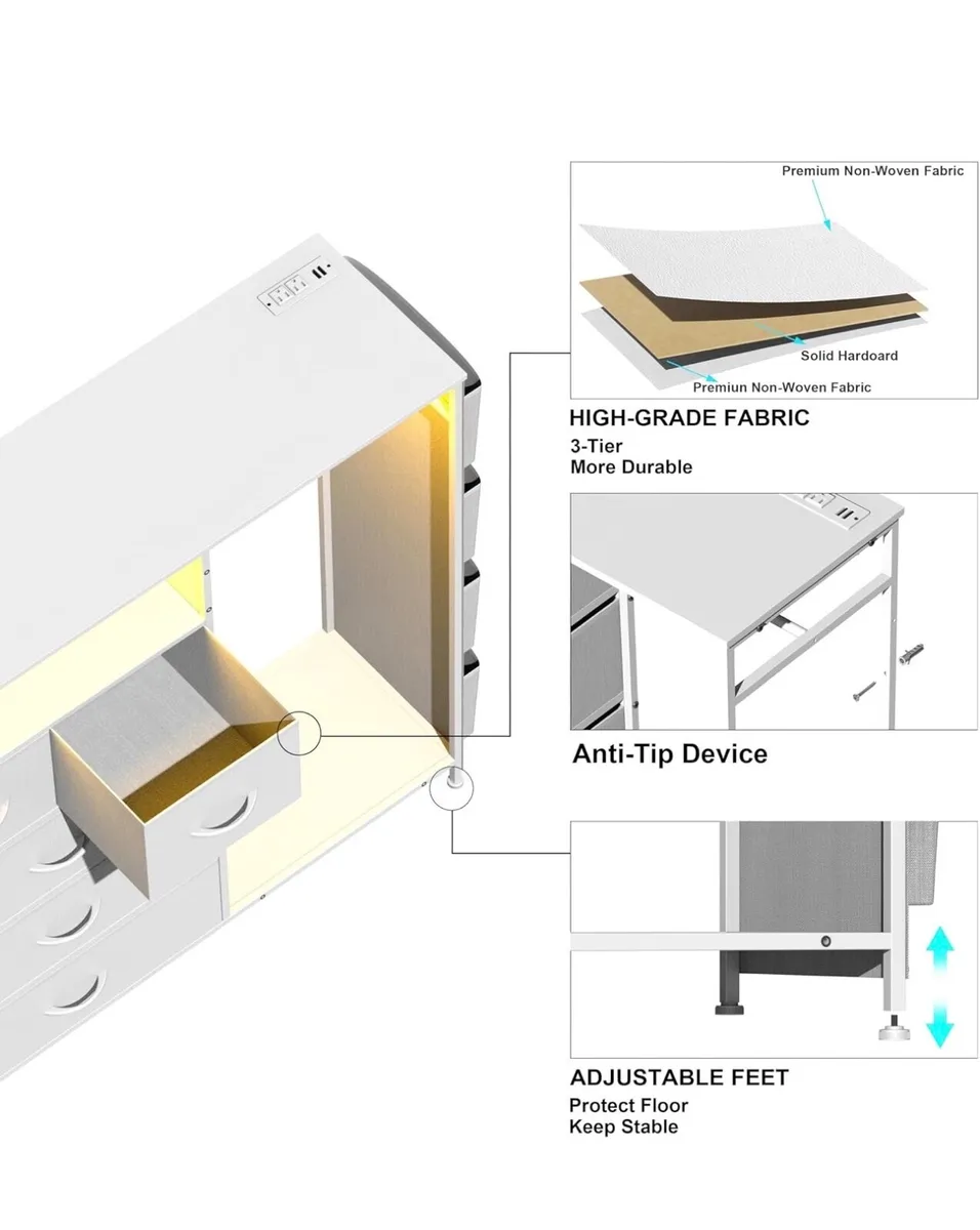 5 Drawer Dresser with Clothes Rail LED Lights Char - Image 3