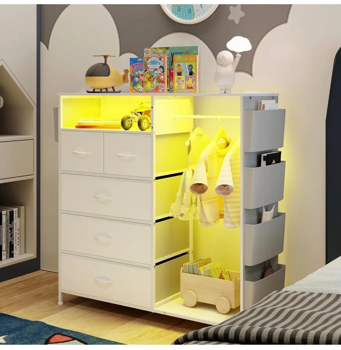 5 Drawer Dresser with Clothes Rail LED Lights Char - Image 2