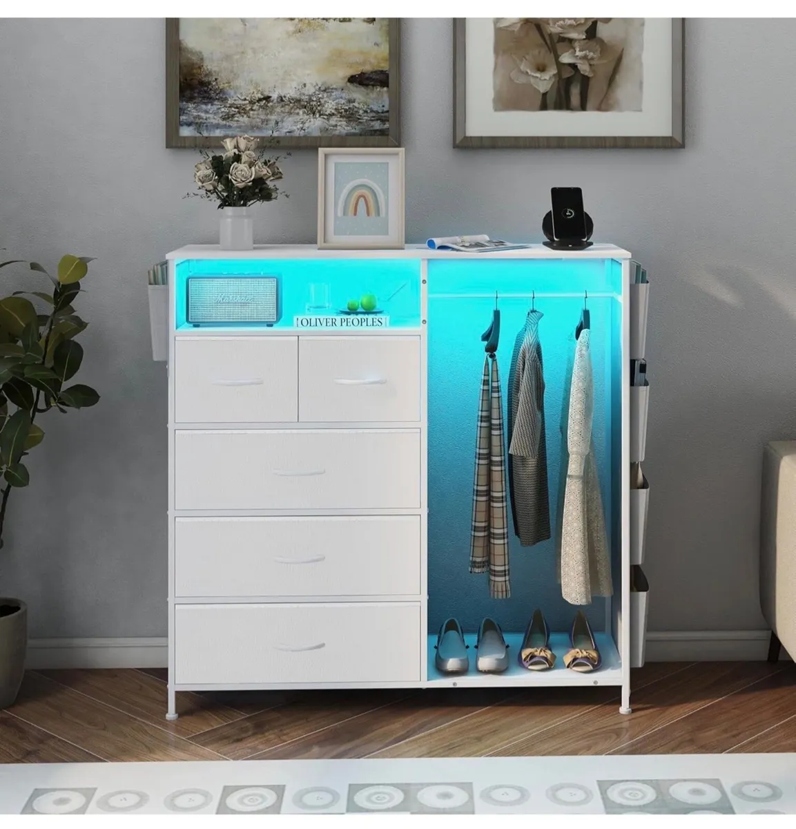5 Drawer Dresser with Clothes Rail LED Lights Char - Image 3
