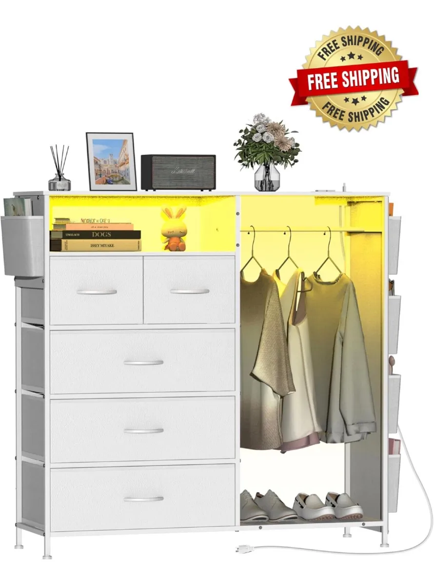5 Drawer Dresser with Clothes Rail LED Lights Char - Image 1