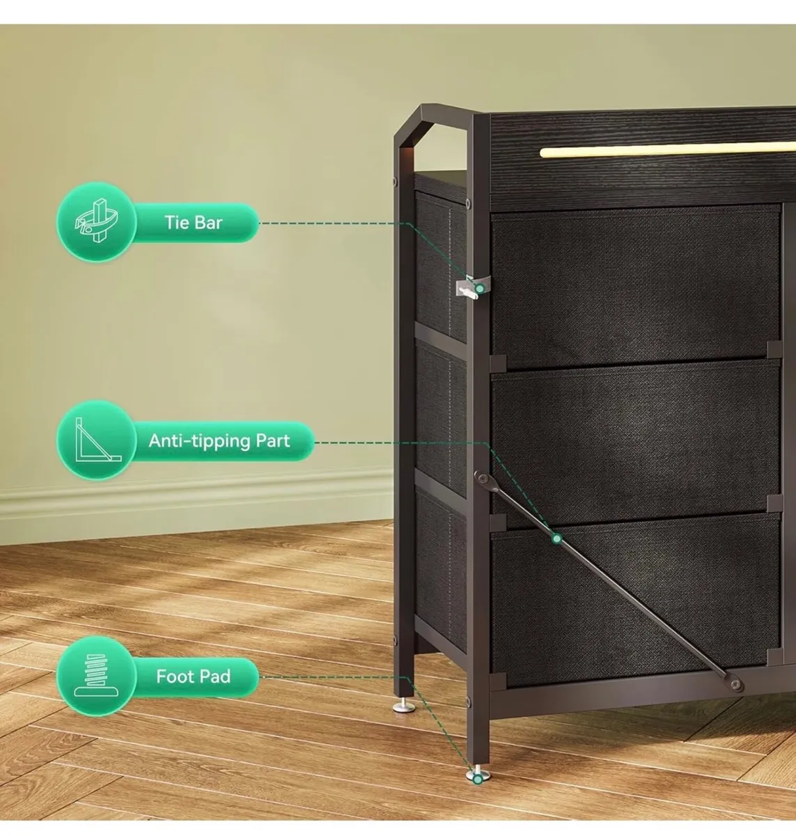 Black Chest of Drawers Bedroom, with LED Light tri - Image 2